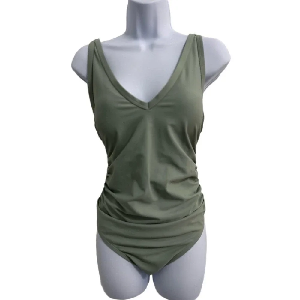 Kona Sol Swimsuit Womens 16 Onepiece Olive Green‎ Ruched Sides V neck Low Back